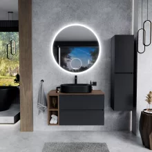 HD Zyra+ Antracit 80/100 komplett fürdőszoba bútor szett fali mosdószekrénnyel, oak mosdópulttal, kiegészítő oak fali modullal, tükörrel és magasszekrénnyel
