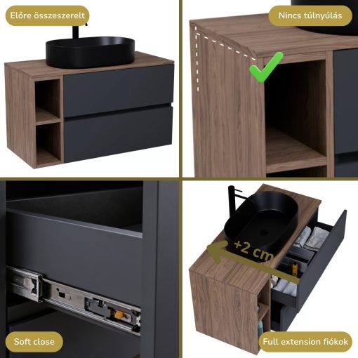 HD Zyra+ Antracit 80/100 komplett fürdőszoba bútor szett fali mosdószekrénnyel, oak mosdópulttal, kiegészítő oak fali modullal, tükörrel és magasszekrénnyel