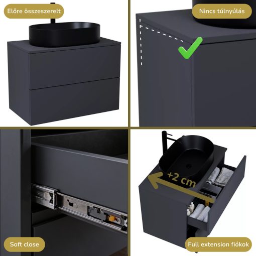 HD Zyra Pro Antracit 60 komplett fürdőszoba bútor szett fali push-to-open mosdószekrénnyel, antracit mosdópulttal, tükörrel és magasszekrénnyel