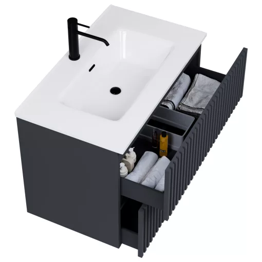 HD Ravello Pro Matt Antracit 60 fali mosdószekrény, push-to-open mechanizmussal, fényes fehér slim mosdóval