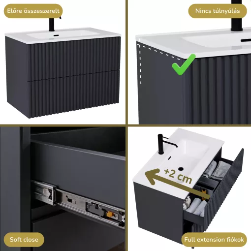 HD Ravello Pro Matt Antracit 60 fali mosdószekrény, push-to-open mechanizmussal, fényes fehér slim mosdóval