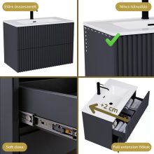 HD Ravello Pro Matt Antracit 60 komplett fürdőszoba bútor szett fali push-to-open mosdószekrénnyel, fényes fehér slim mosdóval, tükörrel és magasszekrénnyel