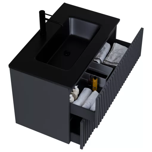 HD Ravello Pro Matt Antracit 60 fali mosdószekrény, push-to-open mechanizmussal, matt fekete slim mosdóval