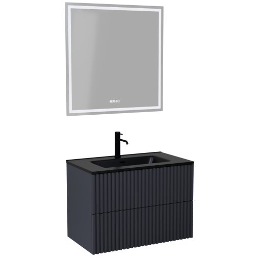 HD Ravello Pro Matt Antracit 60 komplett fürdőszoba bútor fali push-to-open mosdószekrénnyel, matt fekete slim mosdóval és tükörrel