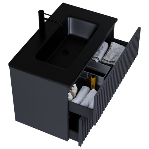 HD Ravello Pro Matt Antracit 60 komplett fürdőszoba bútor fali push-to-open mosdószekrénnyel, matt fekete slim mosdóval és tükörrel