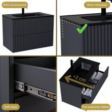 HD Ravello Pro Matt Antracit 60 komplett fürdőszoba bútor szett fali push-to-open mosdószekrénnyel, matt fekete slim mosdóval, tükörrel és magasszekrénnyel