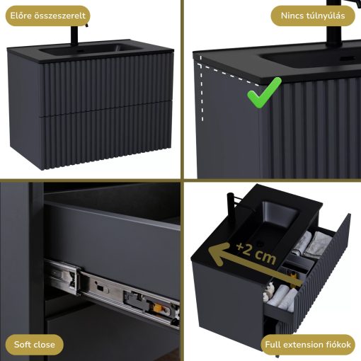 HD Ravello Pro Matt Antracit 60 komplett fürdőszoba bútor szett fali push-to-open mosdószekrénnyel, matt fekete slim mosdóval, tükörrel és magasszekrénnyel