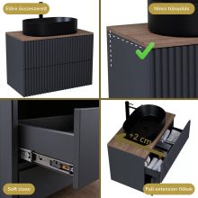 HD Rapallo Pro Matt Antracit 60 komplett fürdőszoba bútor fali push-to-open mosdószekrénnyel, tölgyfa színű mosdópulttal és tükörrel