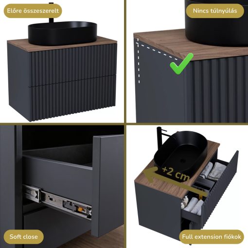 HD Rapallo Pro Matt Antracit 60 komplett fürdőszoba bútor fali push-to-open mosdószekrénnyel, tölgyfa színű mosdópulttal és tükörrel