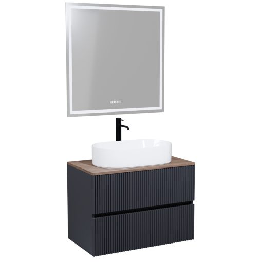 HD Turin Matt Antracit 60 komplett fürdőszoba bútor fali mosdószekrénnyel, tölgyfa színű mosdópulttal és tükörrel