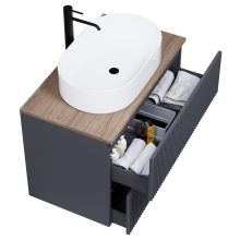 HD Turin Matt Antracit 60 komplett fürdőszoba bútor fali mosdószekrénnyel, tölgyfa színű mosdópulttal és tükörrel