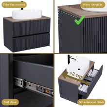 HD Turin Matt Antracit 60 komplett fürdőszoba bútor fali mosdószekrénnyel, tölgyfa színű mosdópulttal és tükörrel