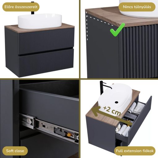 HD Turin Matt Antracit 60 komplett fürdőszoba bútor fali mosdószekrénnyel, tölgyfa színű mosdópulttal és tükörrel