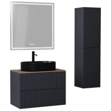 HD Rapallo Pro Matt Antracit 60 komplett fürdőszoba bútor szett fali push-to-open mosdószekrénnyel, tölgyfa színű mosdópulttal, tükörrel és magasszekrénnyel