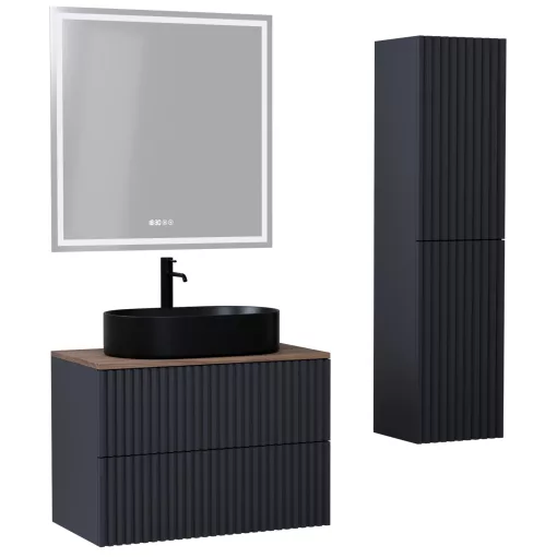 HD Rapallo Pro Matt Antracit 60 komplett fürdőszoba bútor szett fali push-to-open mosdószekrénnyel, tölgyfa színű mosdópulttal, tükörrel és magasszekrénnyel