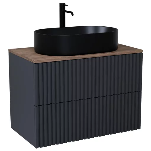 HD Rapallo Pro Matt Antracit 60 komplett fürdőszoba bútor szett fali push-to-open mosdószekrénnyel, tölgyfa színű mosdópulttal, tükörrel és magasszekrénnyel