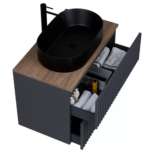 HD Rapallo Pro Matt Antracit 60 komplett fürdőszoba bútor szett fali push-to-open mosdószekrénnyel, tölgyfa színű mosdópulttal, tükörrel és magasszekrénnyel