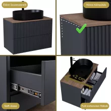 HD Rapallo Pro Matt Antracit 60 komplett fürdőszoba bútor szett fali push-to-open mosdószekrénnyel, tölgyfa színű mosdópulttal, tükörrel és magasszekrénnyel