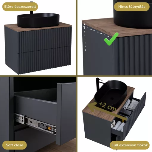 HD Rapallo Pro Matt Antracit 60 komplett fürdőszoba bútor szett fali push-to-open mosdószekrénnyel, tölgyfa színű mosdópulttal, tükörrel és magasszekrénnyel