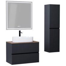 HD Turin Matt Antracit 60 komplett fürdőszoba bútor szett fali mosdószekrénnyel, tölgyfa színű mosdópulttal, tükörrel és magasszekrénnyel