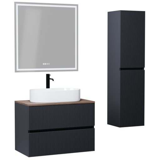 HD Turin Matt Antracit 60 komplett fürdőszoba bútor szett fali mosdószekrénnyel, tölgyfa színű mosdópulttal, tükörrel és magasszekrénnyel