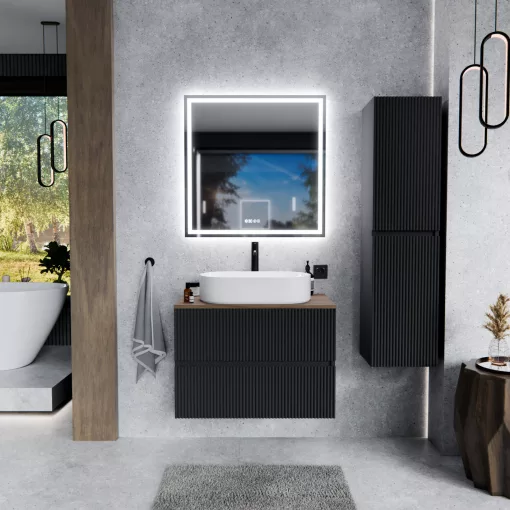 HD Turin Matt Antracit 60 komplett fürdőszoba bútor szett fali mosdószekrénnyel, tölgyfa színű mosdópulttal, tükörrel és magasszekrénnyel