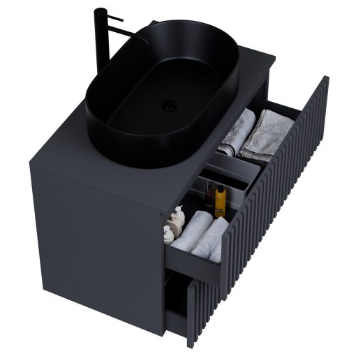 HD Rapallo Pro Matt Antracit 60 komplett fürdőszoba bútor fali push-to-open mosdószekrénnyel, antracit mosdópulttal és tükörrel