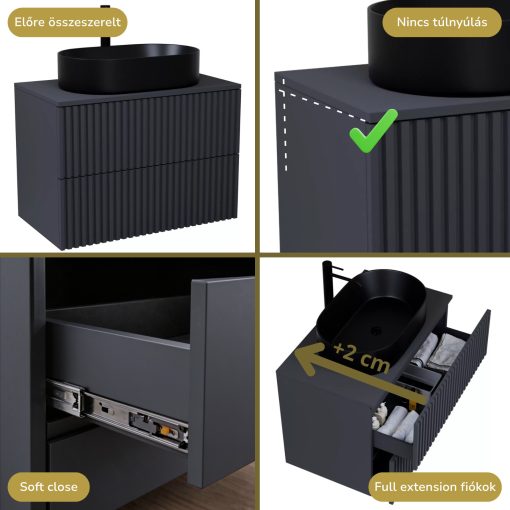 HD Rapallo Pro Matt Antracit 60 komplett fürdőszoba bútor fali push-to-open mosdószekrénnyel, antracit mosdópulttal és tükörrel