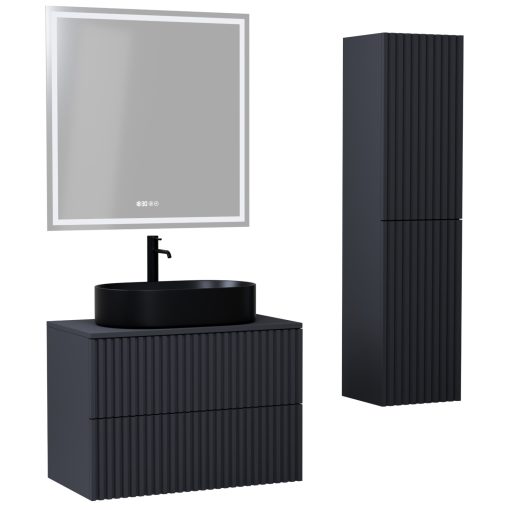 HD Rapallo Pro Matt Antracit 60 komplett fürdőszoba bútor szett fali push-to-open mosdószekrénnyel, antracit mosdópulttal, tükörrel és magasszekrénnyel