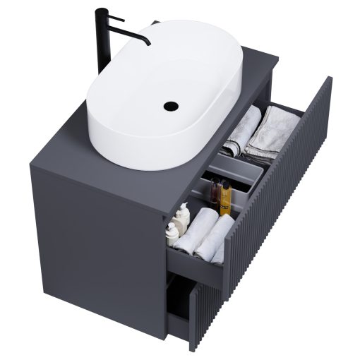 HD Turin Matt Antracit 60/80 komplett fürdőszoba bútor szett fali mosdószekrénnyel, antracit mosdópulttal, tükörrel és magasszekrénnyel