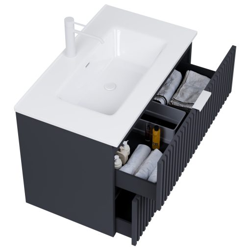 HD Ravello Matt Antracit 60 fali mosdószekrény matt fehér fogantyúkkal és fényes fehér slim mosdóval