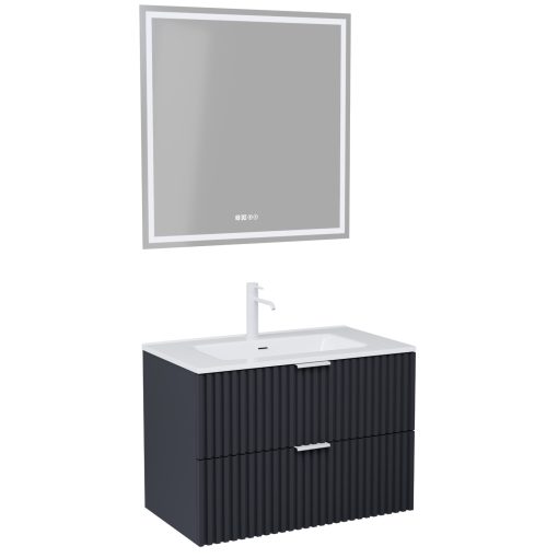 HD Ravello Matt Antracit 60 komplett fürdőszoba bútor fali mosdószekrénnyel, matt fehér fogantyúkkal, fényes fehér slim mosdóval és tükörrel
