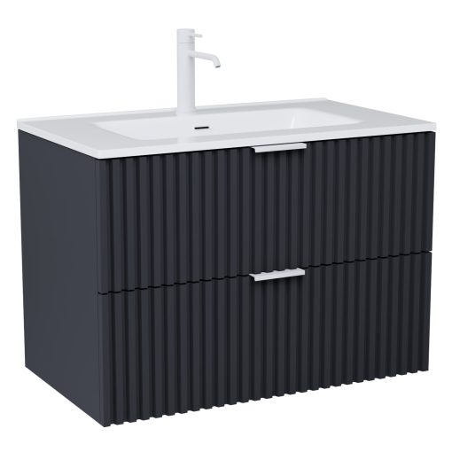HD Ravello Matt Antracit 60 komplett fürdőszoba bútor fali mosdószekrénnyel, matt fehér fogantyúkkal, fényes fehér slim mosdóval és tükörrel