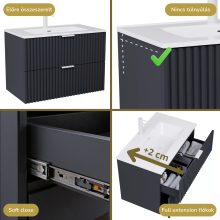 HD Ravello Matt Antracit 60 komplett fürdőszoba bútor szett fali mosdószekrénnyel, matt fehér fogantyúkkal, fényes fehér slim mosdóval, tükörrel és magasszekrénnyel