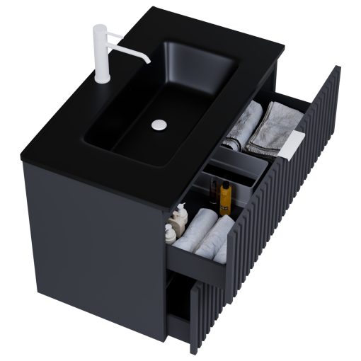 HD Ravello Matt Antracit 60 fali mosdószekrény matt fehér fogantyúkkal és matt fekete slim mosdóval