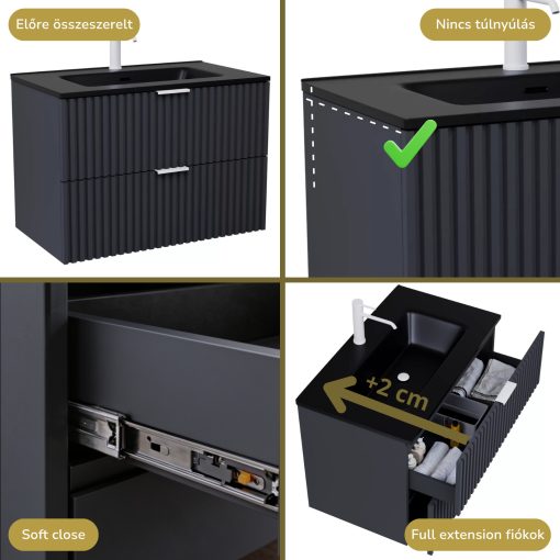 HD Ravello Matt Antracit 60 fali mosdószekrény matt fehér fogantyúkkal és matt fekete slim mosdóval