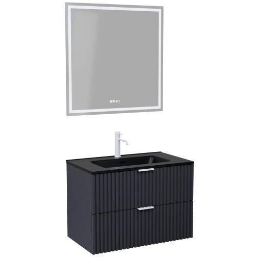 HD Ravello Matt Antracit 60 komplett fürdőszoba bútor fali mosdószekrénnyel, matt fehér fogantyúkkal, matt fekete slim mosdóval és tükörrel