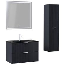 HD Ravello Matt Antracit 60 komplett fürdőszoba bútor szett fali mosdószekrénnyel, matt fehér fogantyúkkal, matt fekete slim mosdóval, tükörrel és magasszekrénnyel