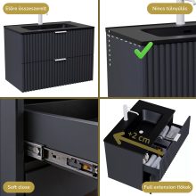 HD Ravello Matt Antracit 60 komplett fürdőszoba bútor szett fali mosdószekrénnyel, matt fehér fogantyúkkal, matt fekete slim mosdóval, tükörrel és magasszekrénnyel