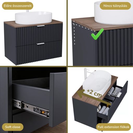 HD Rapallo Matt Antracit 60 fali mosdószekrény tölgyfa színű mosdópulttal és matt fehér fogantyúkkal