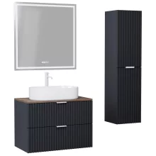 HD Rapallo Matt Antracit 60 komplett fürdőszoba bútor szett fali mosdószekrénnyel, matt fehér fogantyúval, tölgyfa színű mosdópulttal, tükörrel és magasszekrénnyel