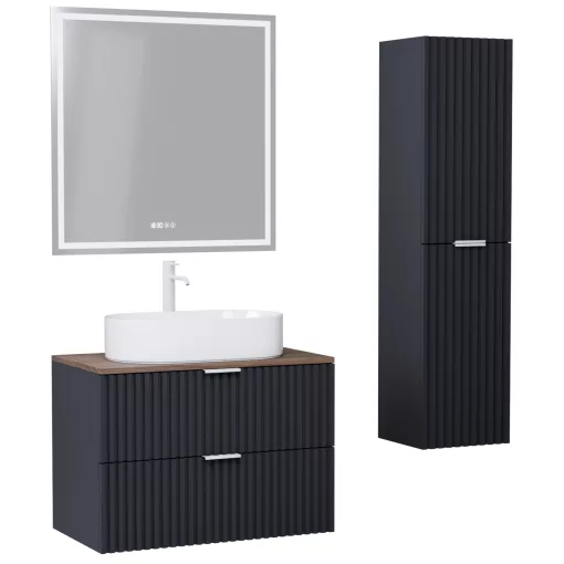 HD Rapallo Matt Antracit 60 komplett fürdőszoba bútor szett fali mosdószekrénnyel, matt fehér fogantyúval, tölgyfa színű mosdópulttal, tükörrel és magasszekrénnyel