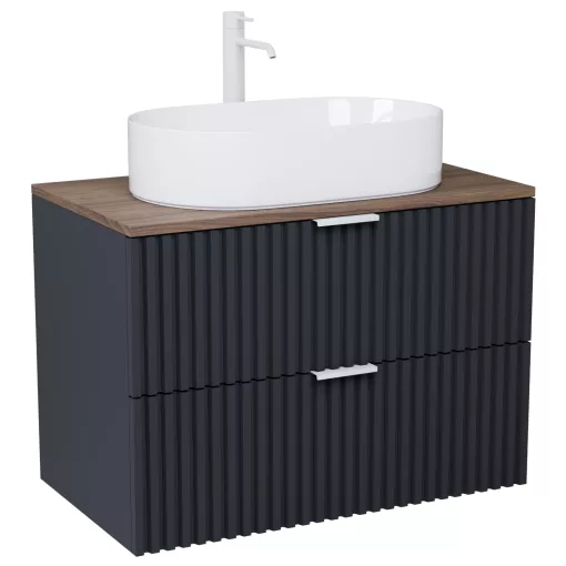 HD Rapallo Matt Antracit 60 komplett fürdőszoba bútor szett fali mosdószekrénnyel, matt fehér fogantyúval, tölgyfa színű mosdópulttal, tükörrel és magasszekrénnyel