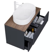 HD Rapallo Matt Antracit 60 komplett fürdőszoba bútor szett fali mosdószekrénnyel, matt fehér fogantyúval, tölgyfa színű mosdópulttal, tükörrel és magasszekrénnyel