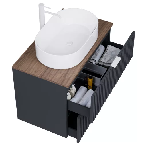 HD Rapallo Matt Antracit 60 komplett fürdőszoba bútor szett fali mosdószekrénnyel, matt fehér fogantyúval, tölgyfa színű mosdópulttal, tükörrel és magasszekrénnyel