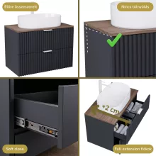 HD Rapallo Matt Antracit 60 komplett fürdőszoba bútor szett fali mosdószekrénnyel, matt fehér fogantyúval, tölgyfa színű mosdópulttal, tükörrel és magasszekrénnyel