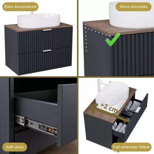 HD Rapallo Matt Antracit 60 komplett fürdőszoba bútor szett fali mosdószekrénnyel, matt fehér fogantyúval, tölgyfa színű mosdópulttal, tükörrel és magasszekrénnyel