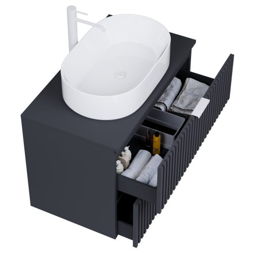 HD Rapallo Matt Antracit 60 komplett fürdőszoba bútor fali mosdószekrénnyel, matt fehér fogantyúkkal, antracit mosdópulttal és tükörrel