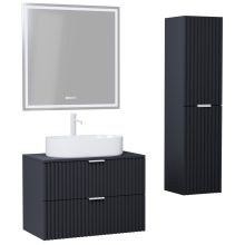 HD Rapallo Matt Antracit 60 komplett fürdőszoba bútor szett fali mosdószekrénnyel, matt fehér fogantyúval, antracit mosdópulttal, tükörrel és magasszekrénnyel