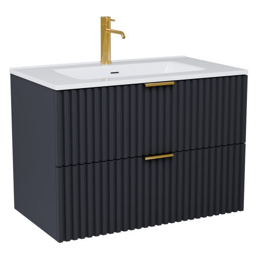 HD Ravello Matt Antracit 60 fali mosdószekrény szálcsiszolt arany fogantyúkkal és fényes fehér slim mosdóval